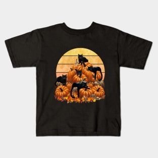 Cats say welcome autumn with pumpkinsin and sunset, color autumn, orange,hello fall autumn lovers Kids T-Shirt